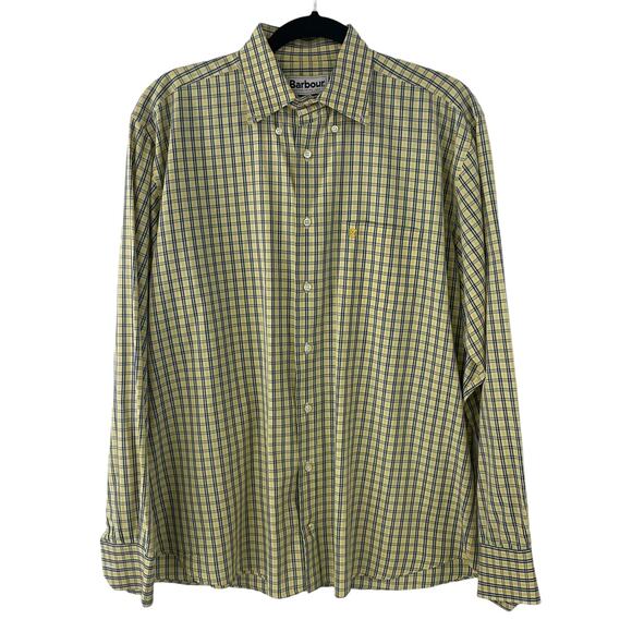 Barbour Long Sleeve Button Down Yellow Navy Plaid Mens XL ASIS - Picture 1 of 6